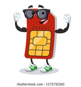 cartoon sim card character mascot in black sunglasses on a white background