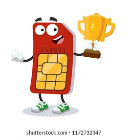 cartoon sim card mascot holds the number one cup on white background