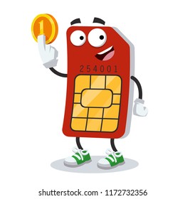 cartoon sim card mascot keeps the coin on white background