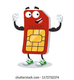 cartoon sim card mascot shows its strength on a white background