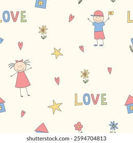 cartoon simple baby seamless pattern with little kids, flowers, hearts and stars on white background in naive doodle style