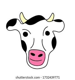 Cartoon simple character logo vector mascot fun cow head Illustration. Farm Animal. 