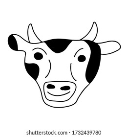 Cartoon simple character logo vector mascot fun cow head Illustration. Farm Animal. 