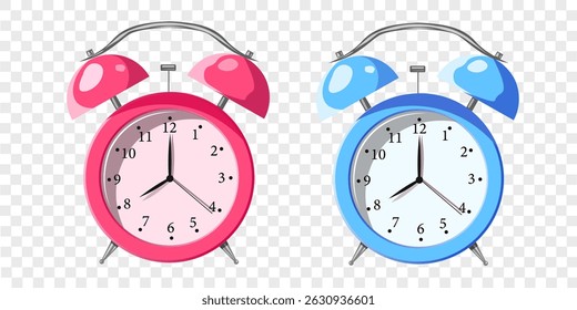 cartoon simple flat red and blue alarm clocks clip art design on transparent background.