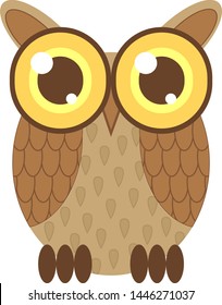 Cartoon simple funny cute brown owl with orange and yellow eyes, vector graphics, vector illustration