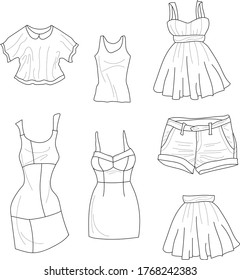 Cartoon simple girl's clothing items template set. Vector illustration in black and white, children's story book, fairytail. Print for fabrics and other surfaces. Coloring paper, page