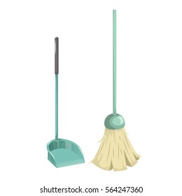 Cartoon simple gradient cleaning set objects. Green  broom and plastic dustpan with big handle. Cleaning service vector icon illustration.