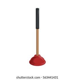 Cartoon simple gradient rubber plunger with long wooden handle. Cleaning vector illustration.