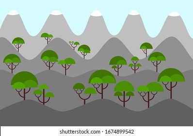 Cartoon simple illustration on blue background. Vector countryside background. Green silhouette forest landscape background. Mountain landscape. Nature outdoor landscape. Horizontal view for game