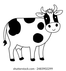 cartoon simple Line sketch cow outline in black and white, Coloring Book Material.