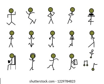 A cartoon with simple lines. Focus is on people. Communication through the body.A person who is a performer or a singer.People show different gestures.