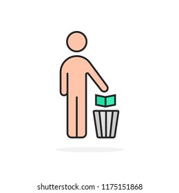 cartoon simple man and trash can. flat outline trend modern logotype graphic art lineart design element isolated on white background. concept of hand throws away garbage to container for recycle