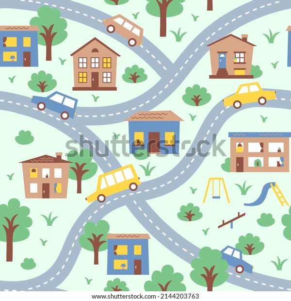 Cartoon simple map of pretty town and streets\
with moving cars. Cartographic scandinavian seamless pattern on\
green background.