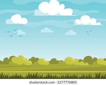 Cartoon simple nature background with lawn, path, bushes and cloudy sky. Vector graphics