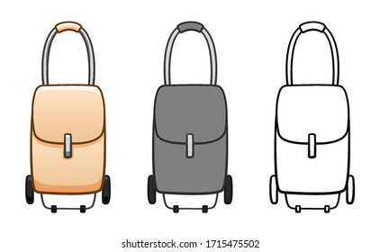 Cartoon, simple and outline style rolling bags set isolated illustration. Bags for shopping and tourism. White background, vector.