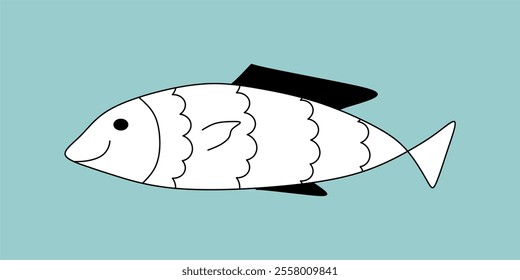 Cartoon simple outline vector illustration of a fish, isolated on a blue background, black and white clipart, Icon, outline drawing, flat style