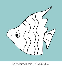 Cartoon simple outline vector illustration of a fish, isolated on a blue background, black and white clipart, Icon, outline drawing, flat style