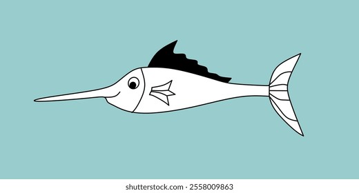 Cartoon simple outline vector illustration of a fish, isolated on a blue background, black and white clipart, Icon, outline drawing, flat style