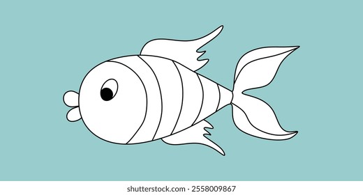 Cartoon simple outline vector illustration of a fish, isolated on a blue background, black and white clipart, Icon, outline drawing, flat style