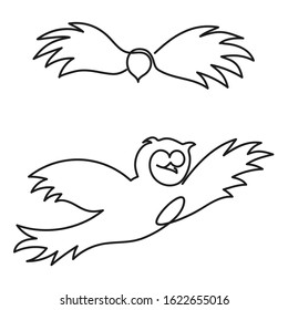 Cartoon and simple Owl flies in profile and full-face. One line of hand-drawn bird in flight. Vector illustration on a white background. Simplified silhouette suitable for emblem.