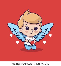 Cartoon einfache Vektorcupid. Flaches Design auf rotem Hintergrund für Valentinstag-Karte