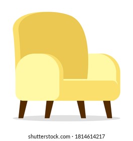Cartoon simple yellow armchair with wooden brown legs. Upholstery Furniture for the living room. Armchair rounded silhouette. The concept of staying home. Flat vector image islolated on white