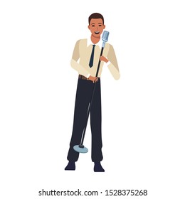 cartoon singer man with stand microphone over white background, colorful design. vector illustration