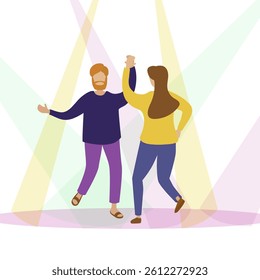 Cartoon singer with microphone and pop voice performs in karaoke club with happy friends at night party featuring flat character design of male and female artist in modern isolated illustration