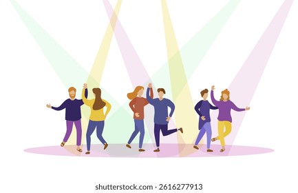 Cartoon singer with microphone and pop voice performs in karaoke club with happy friends at night party featuring flat character design of male and female artist in modern isolated illustration