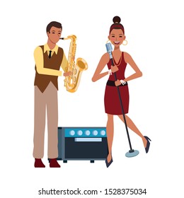 cartoon singer woman and musician with saxophonist over white background, colorful design. vector illustration