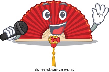 cartoon Singing chinese folding fan while holding a microphone