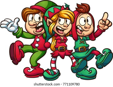 Cartoon singing Christmas elves. Vector clip art illustration with simple gradients. All in a single layer. 
