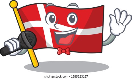 cartoon Singing flag denmark while holding a microphone