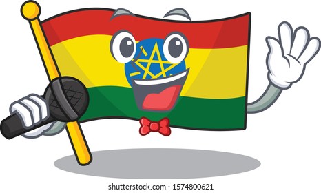 cartoon Singing flag ethiopia while holding a microphone