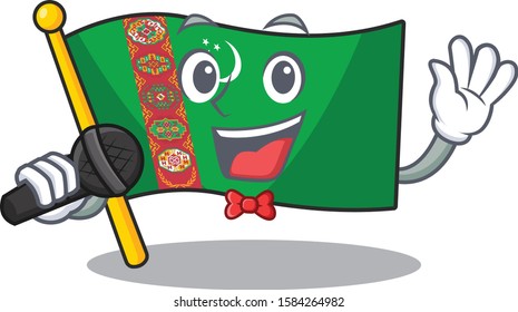 cartoon Singing flag turkmenistan while holding a microphone