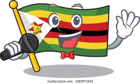 cartoon Singing flag zimbabwe while holding a microphone
