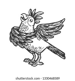 Cartoon singing parrot sketch engraving vector illustration. Scratch board style imitation. Hand drawn image.