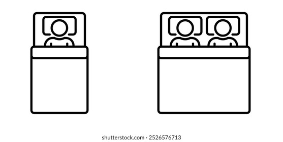 Icono de la cama individual o de la cama doble de la historieta. Símbolo de la cama del dormitorio o del hotel. Para dormir o concepto de sueño. Herramientas de alojamiento. Símbolo de muebles de cama. Hora de acostarse.