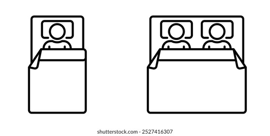 Icono de la cama individual o de la cama doble de la historieta. Símbolo de la cama del dormitorio o del hotel. Para dormir o concepto de sueño. Herramientas de alojamiento. Símbolo de muebles de cama. Hora de acostarse.