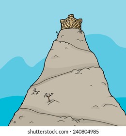 Cartoon of single castle on top of tall mountain