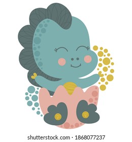 Cartoon single illustration of a little cute happy dinosaur hatching from an egg. Vector isolated baby tyrannosaurus for printing on baby t-shirt, newborn congratulations, baby shower, sticker. 