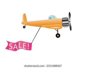 Cartoon single plane with a propeller and a hanging banner with the inscription SALE. Vector illustration