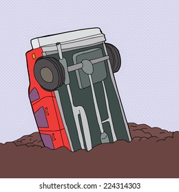 Cartoon of single red car stuck in junk pile