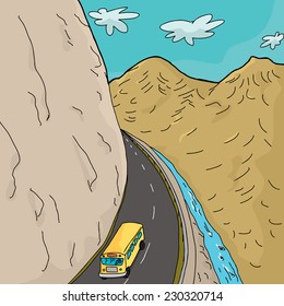 Cartoon of single school bus on winding highway in mountains
