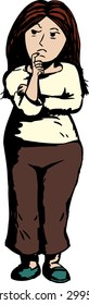 Cartoon of single thinking woman with folded arms