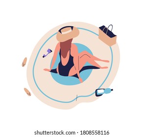 Cartoon single woman sunbathing, sitting on beach blanket in bikini, swimsuit. Tanning female back. Sea rest, relaxing, chilling. Summer vacation. Flat vector illustration isolated on white background