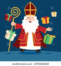 cartoon Sinterklaas or Saint Nicholas raising his hands and prize pools