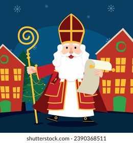 cartoon Sinterklaas or Saint Nicholas raising his hands 