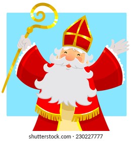 cartoon Sinterklaas or Saint Nicholas smiling and raising his hands