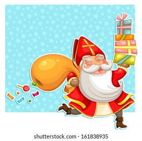 cartoon Sinterklaas (st. Nicholas) carrying presents over starry background